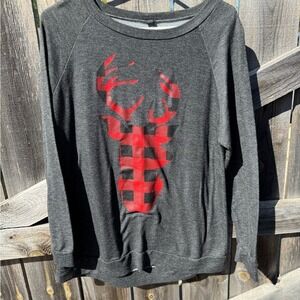 Lovely Souls Gray Buffalo Plaid Deer Graphic Raglan Long Sleeve Sweatshirt Top